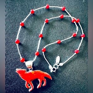 Plum Coral Wolf Pendant on Coral Beaded Liquid Sterling Silver 18" Necklace NWT